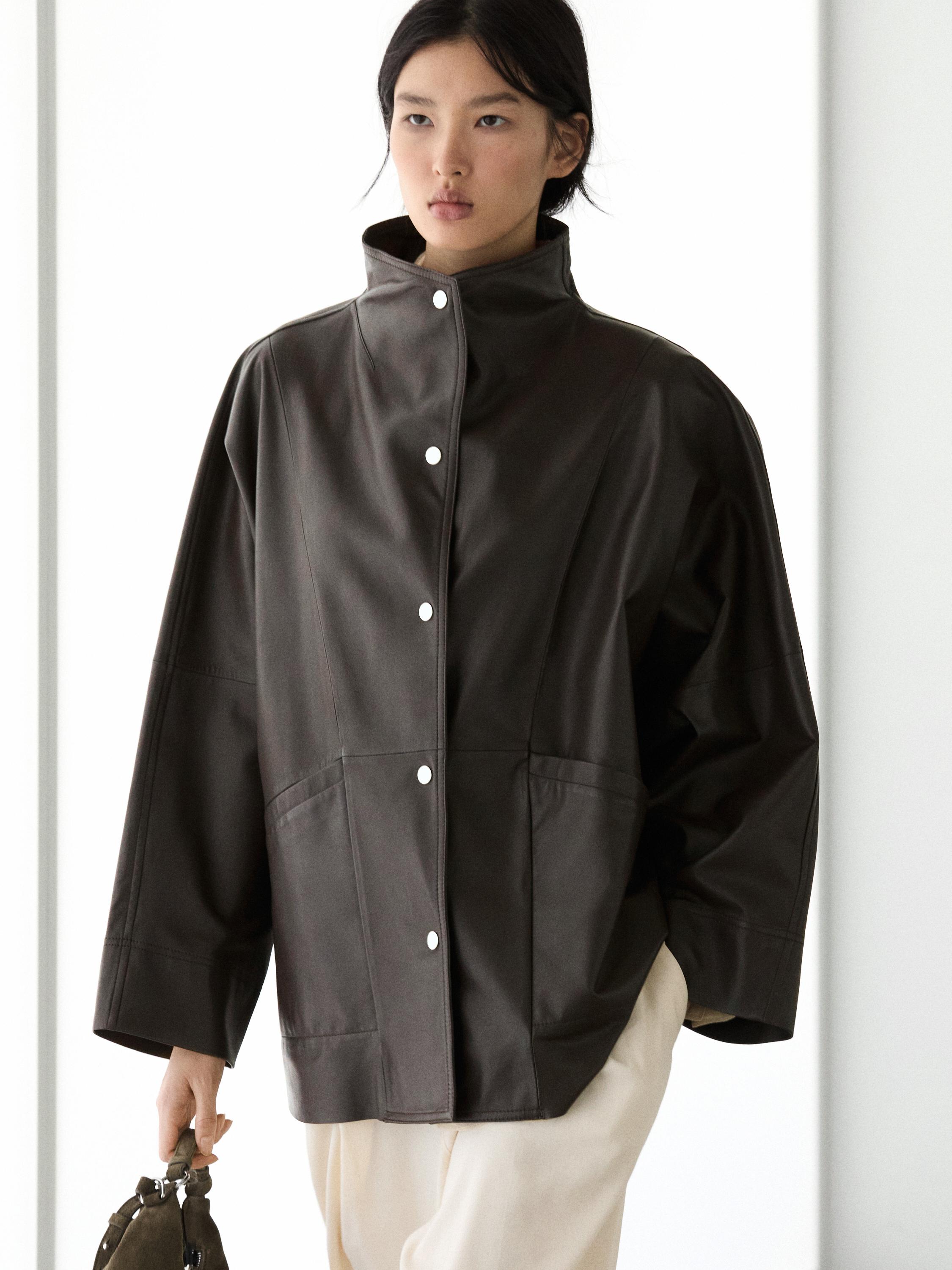 Nappa leather cape parka with pockets